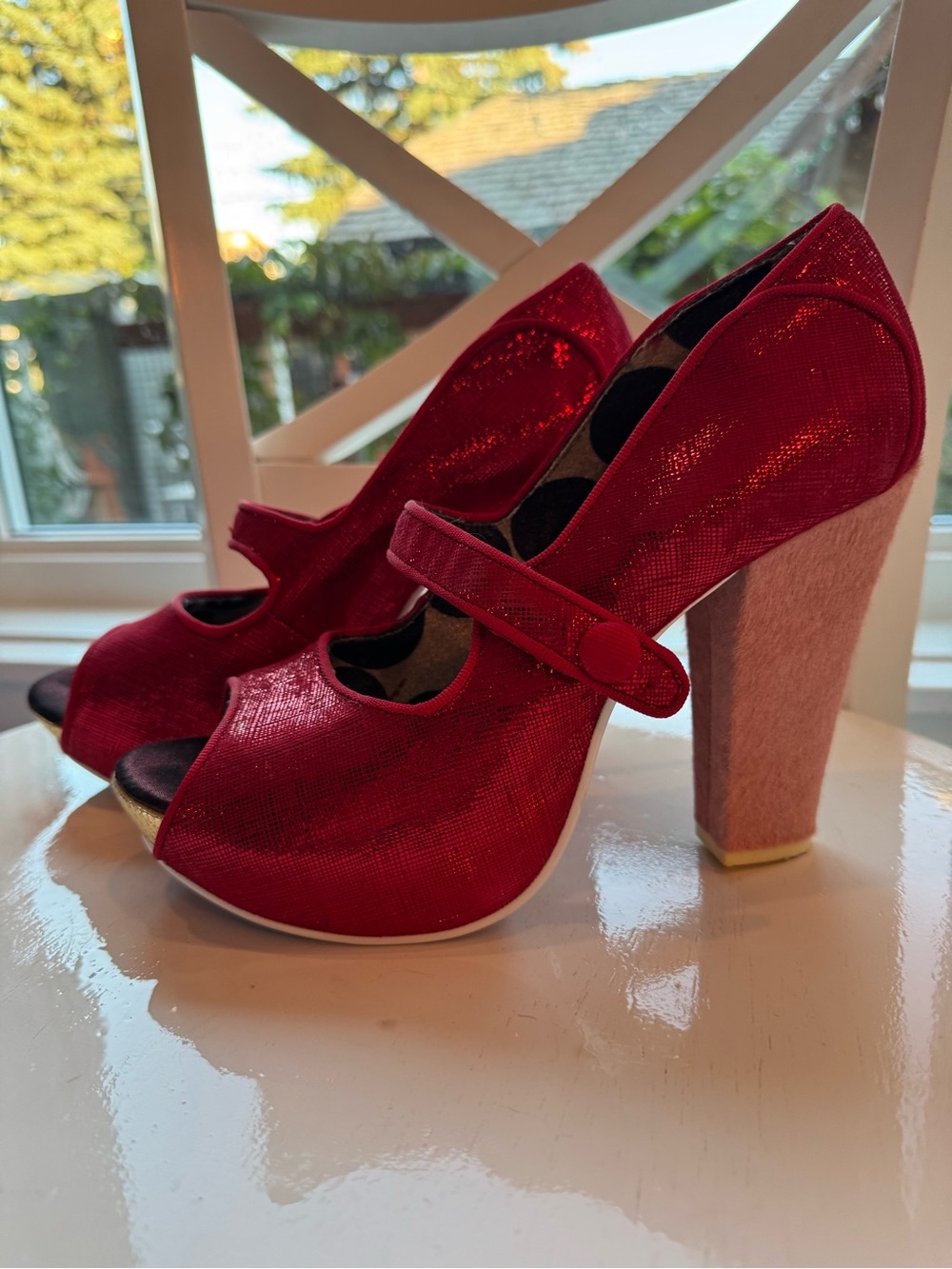 👠 Rare Irregular Choice Metallic Ruby Red Mary Jane Glitter Peep Toe Heels US 9